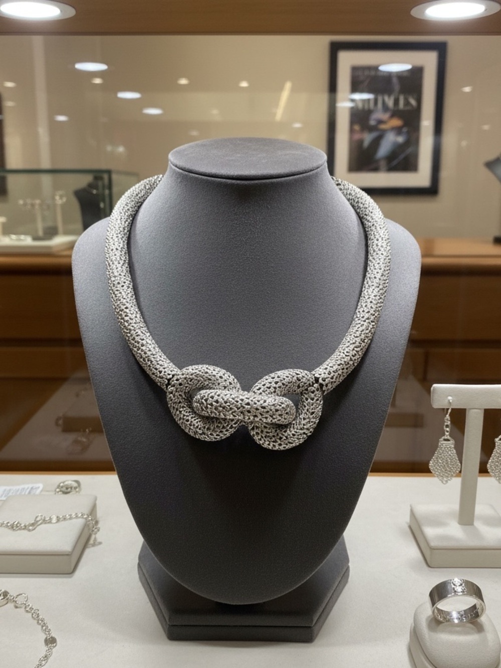 Chunky Silver Love Knot Statement Necklace 16.5"/12" Mesh Woven Collar Flexible